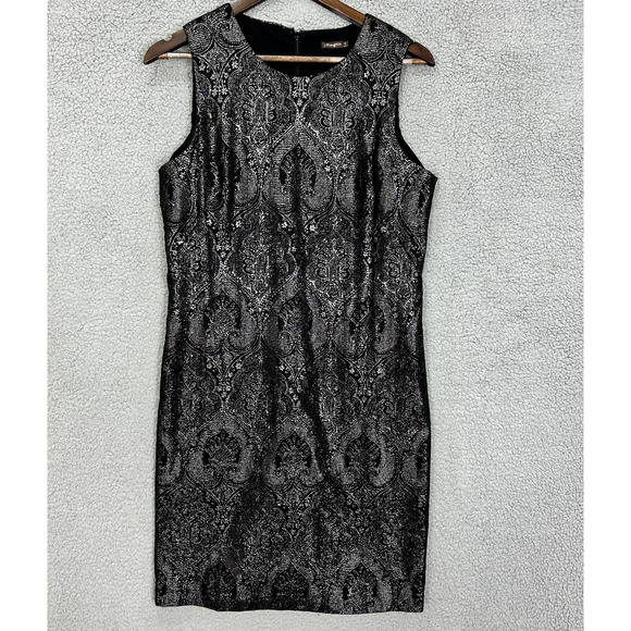 J. McLaughlin Sheath Dress Women 8 Black Jacquard Metallic Sleeveless Glam Event - Picture 1 of 8
